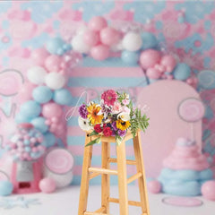 Aperturee - Aperturee Bubblegum and Candy Photography Backdrop Pink and Blue Lollipops Party Banner