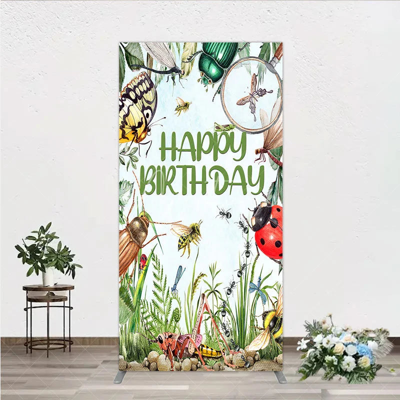 Aperturee - Aperturee Bug Themed Happy Birthday Rectangle Backdrop Insect Explorer with Magnifying Glass Kids Garden Party Decor