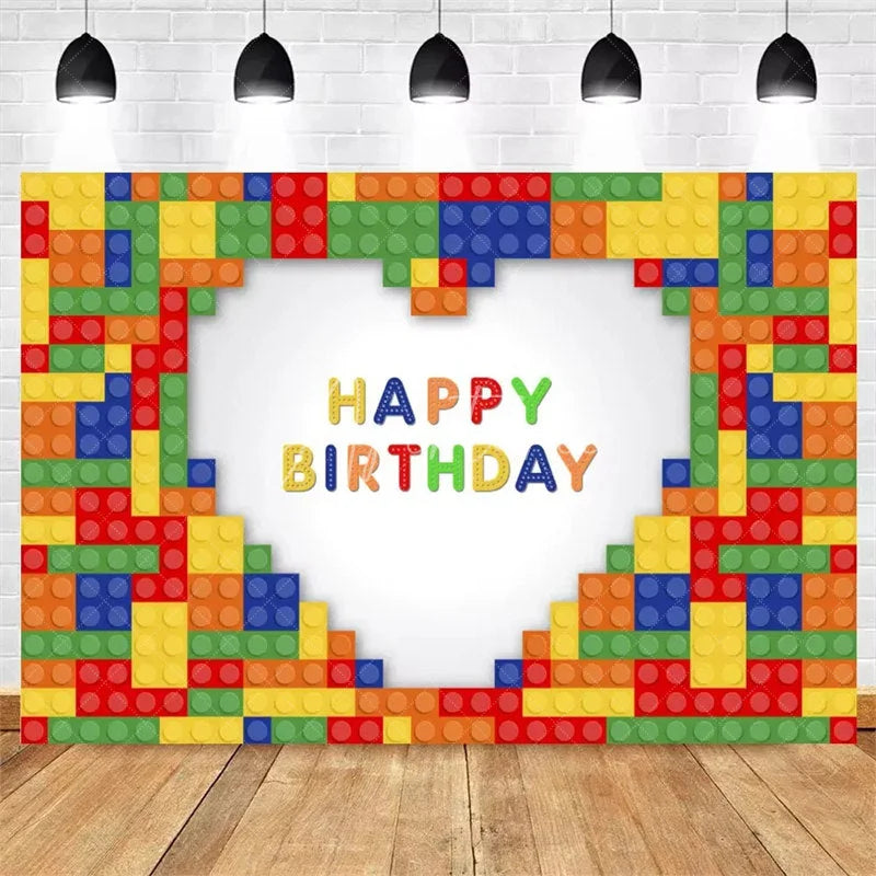 Aperturee - Aperturee Building Blocks Happy Birthday Backdrop Colorful Bricks Print for Kids Party Construction Toy Photo Booth Decor