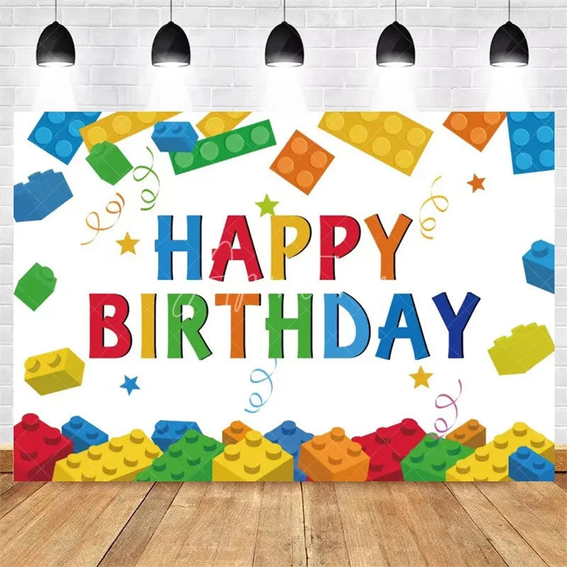 Aperturee - Aperturee Building Blocks Happy Birthday Backdrop Colorful Bricks Print for Kids Party Construction Toy Photo Booth Decor