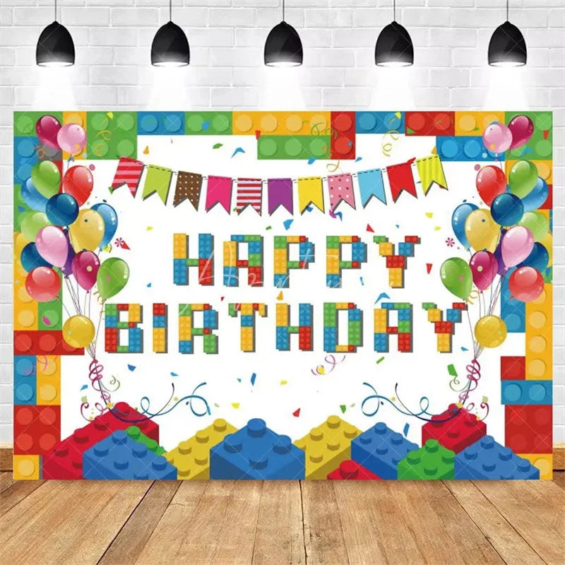 Aperturee - Aperturee Building Blocks Happy Birthday Backdrop Colorful Bricks Print for Kids Party Construction Toy Photo Booth Decor