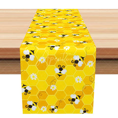 Aperturee - Aperturee Bumble Bee Table Runner on Yellow Honeycomb ’Mommy to Bee’ Baby Shower Fun Farmhouse Kitchen Decor