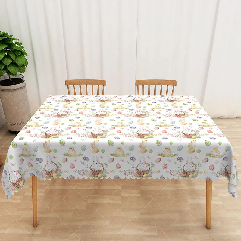 Aperturee - Aperturee Bunny Nest Easter Egg Rectangle Tablecloth Cute Rabbit Hanging Egg Table Cover Spring Holiday Party Decor