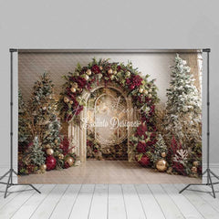 Aperturee - Aperturee Burgundy Floral Window Backdrop White Arch Gold Ornament Photography Background