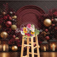 Aperturee - Aperturee Burgundy Red Christmas Backdrop Elegant Floral Arch Gold Ornament Photography Background