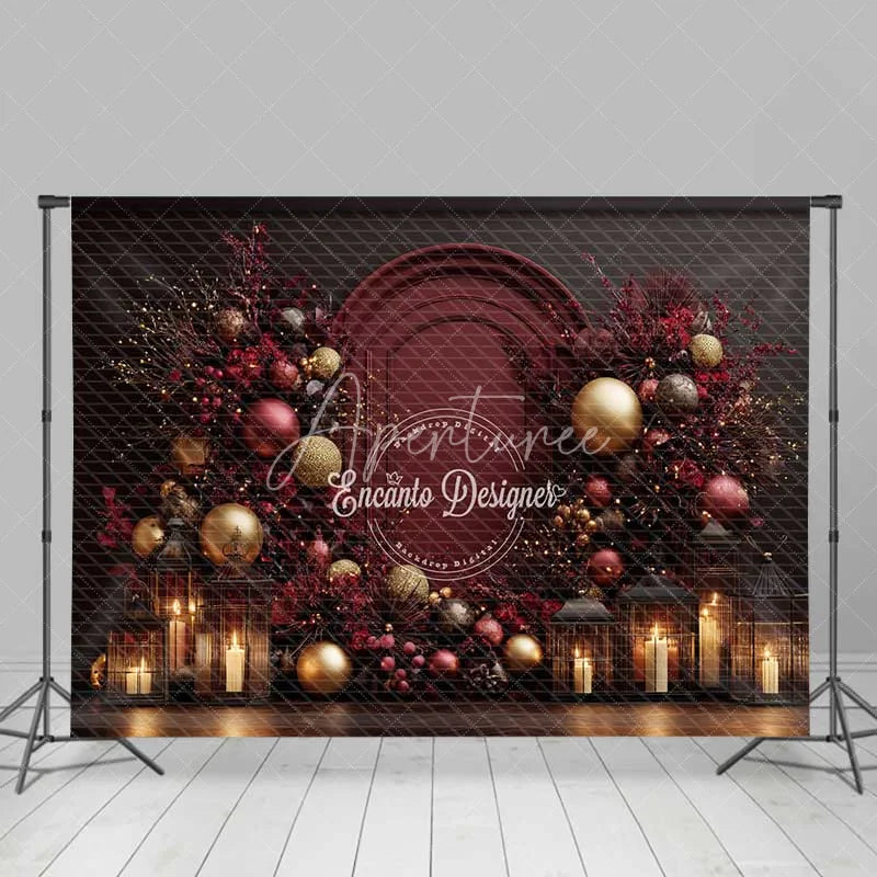 Aperturee - Aperturee Burgundy Red Christmas Backdrop Elegant Floral Arch Gold Ornament Photography Background