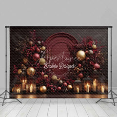 Aperturee - Aperturee Burgundy Red Christmas Backdrop Elegant Floral Arch Gold Ornament Photography Background