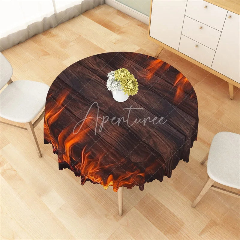 Aperturee - Aperturee Burning Fire Wooden Round Tablecloth Rustic Flame Campfire Table Cover for Outdoor Party