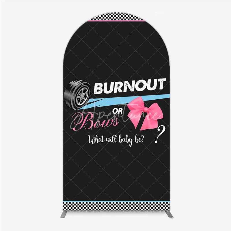 Aperturee - Aperturee Burnout or Bows Gender Reveal Arch Backdrop What Will Baby Be Racing and Bows Baby Shower Background