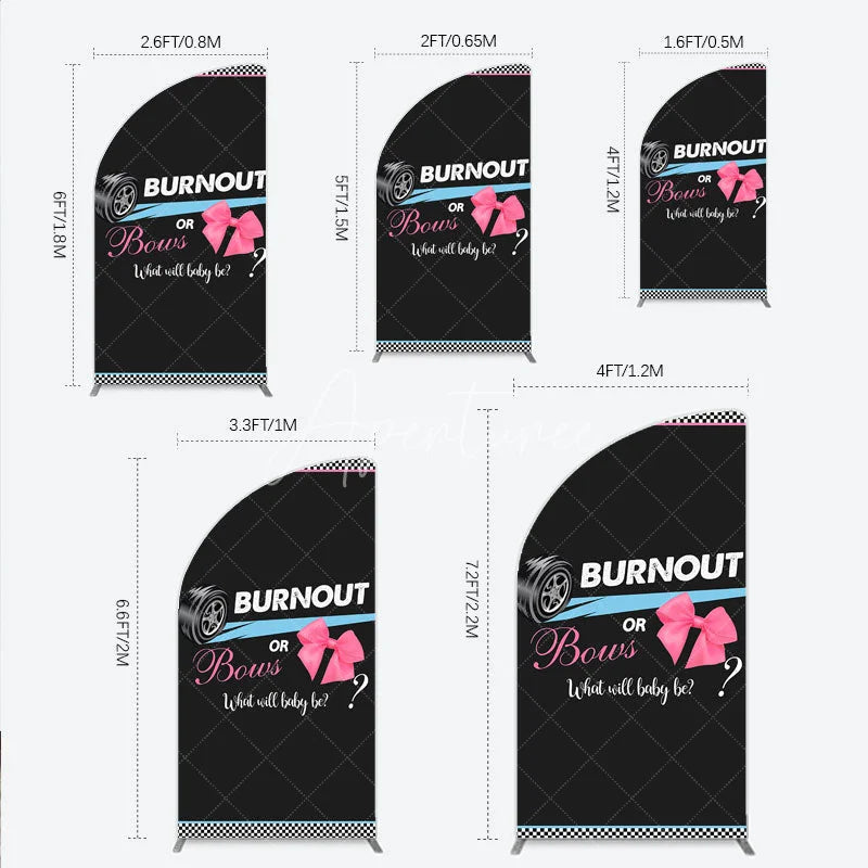 Aperturee - Aperturee Burnout or Bows Gender Reveal Half Moon Arch Backdrop What Will Baby Be Racing and Bows Baby Shower Background