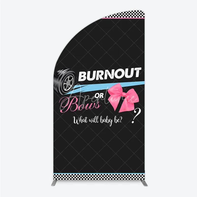 Aperturee - Aperturee Burnout or Bows Gender Reveal Half Moon Arch Backdrop What Will Baby Be Racing and Bows Baby Shower Background