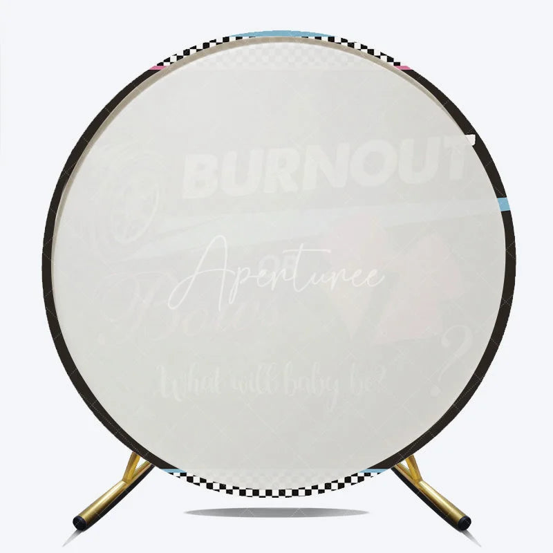 Aperturee - Aperturee Burnout or Bows Gender Reveal Round Backdrop Racing Car and Pink Bow Baby Shower Party Decoration