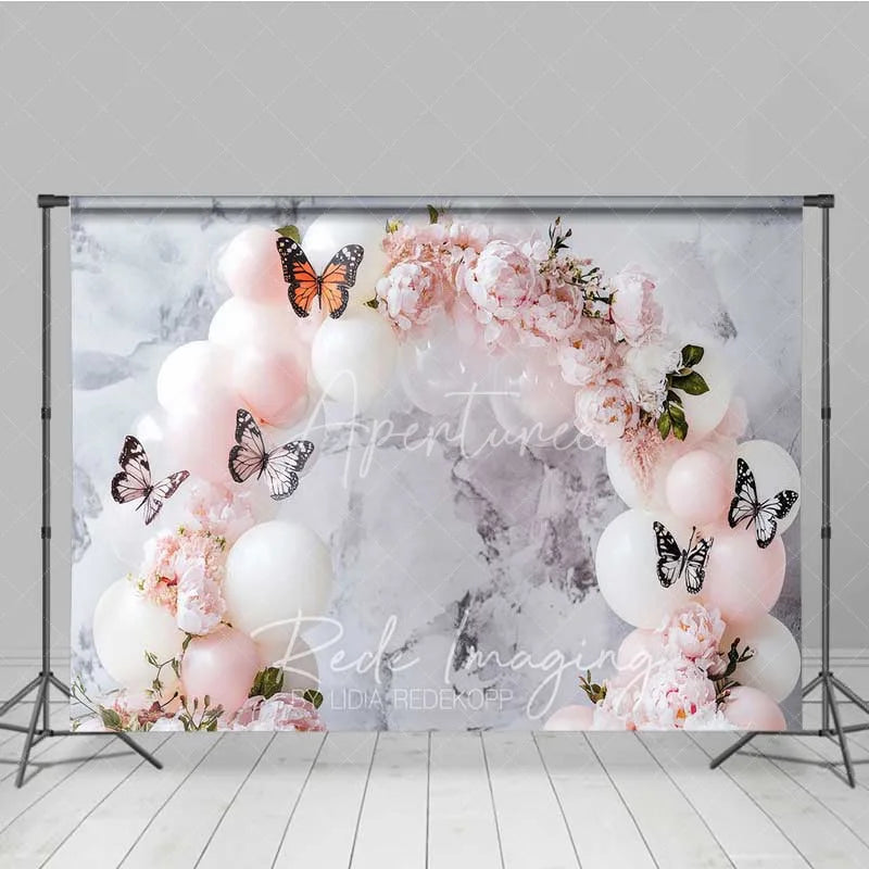 Aperturee - Aperturee Butterfly Balloon Arch Photography Backdrop Pink Flowers White Balloons Photo Background Princess Birthday Photo Prop