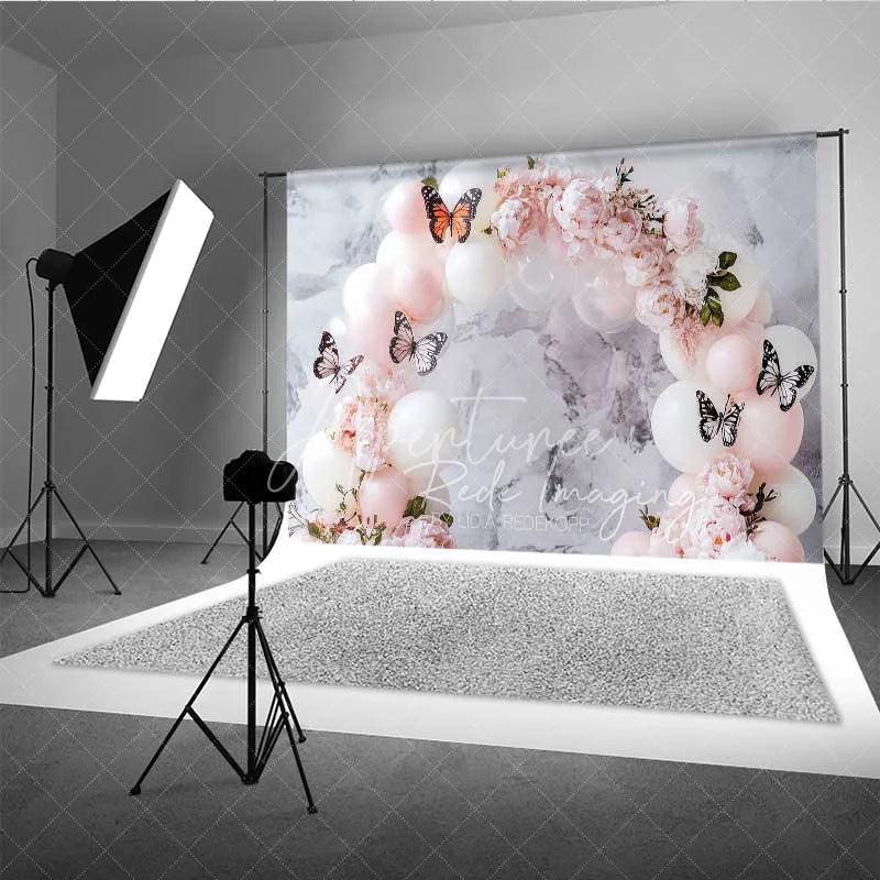 Aperturee - Aperturee Butterfly Balloon Arch Photography Backdrop Pink Flowers White Balloons Photo Background Princess Birthday Photo Prop