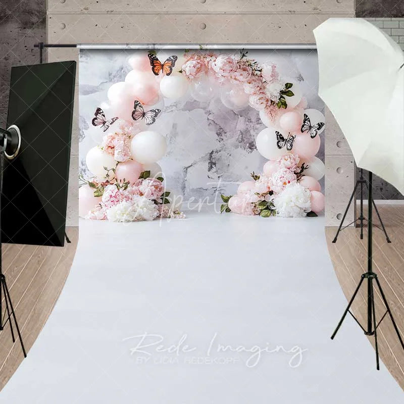 Aperturee - Aperturee Butterfly Balloon Arch Sweep Backdrop Clean White Marble Photography Floor Mat Princess Birthday Decoration