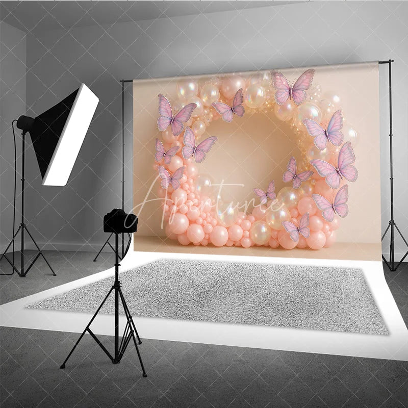 Aperturee - Aperturee Butterfly Balloon Wreath Photography Backdrop Pink and Iridescent Balloons for Birthday Cake Smash Photo Booth