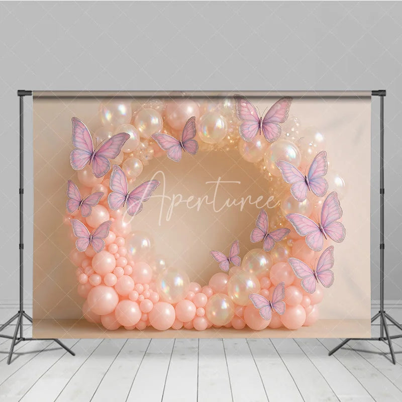 Aperturee - Aperturee Butterfly Balloon Wreath Photography Backdrop Pink and Iridescent Balloons for Birthday Cake Smash Photo Booth