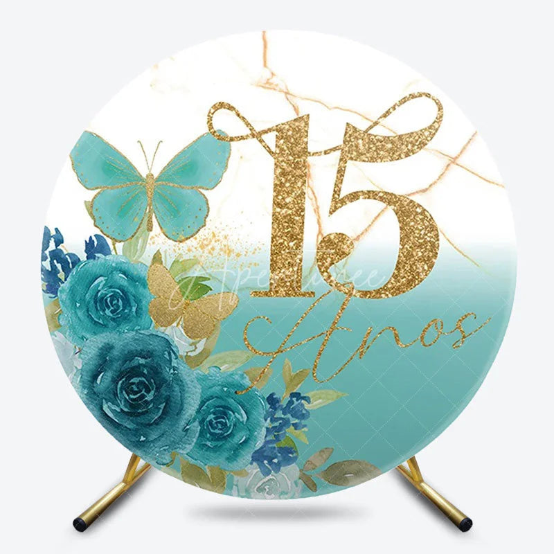 Aperturee - Aperturee Butterfly Floral Round Backdrop 15th Birthday Party Decor for Girls Floral Quinceanera Photo Circle