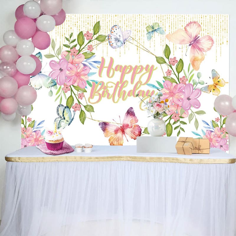 Aperturee - Aperturee Butterfly Flowers Glitter Happy Birthday Backdrop