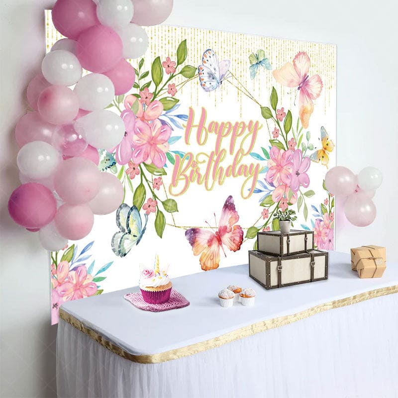 Aperturee - Aperturee Butterfly Flowers Glitter Happy Birthday Backdrop