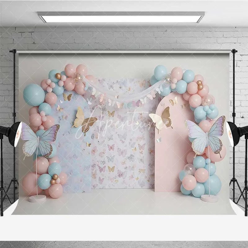 Aperturee - Aperturee Butterfly Garden Photography Backdrop Pastel Floral and Balloons Birthday Background