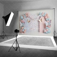 Aperturee - Aperturee Butterfly Garden Photography Backdrop Pastel Floral and Balloons Birthday Background