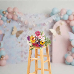Aperturee - Aperturee Butterfly Garden Photography Backdrop Pastel Floral and Balloons Birthday Background