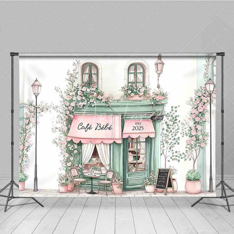 Aperturee - Aperturee Cafe Bebe French Storefront Backdrop Romantic Pink Rose Street Scene Party Banner