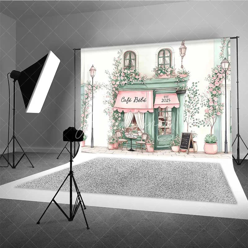 Aperturee - Aperturee Cafe Bebe French Storefront Backdrop Romantic Pink Rose Street Scene Party Banner