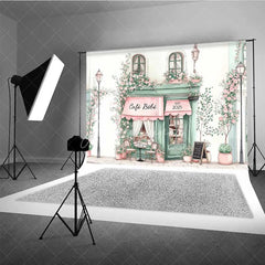Aperturee - Aperturee Cafe Bebe French Storefront Backdrop Romantic Pink Rose Street Scene Party Banner