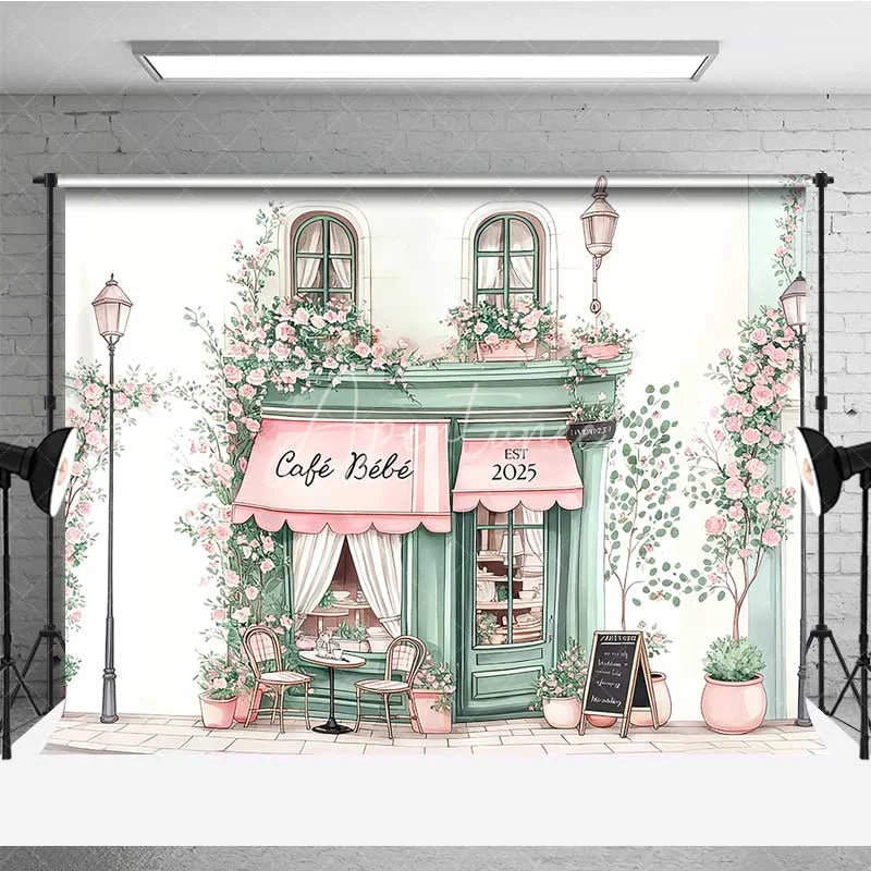 Aperturee - Aperturee Cafe Bebe French Storefront Backdrop Romantic Pink Rose Street Scene Party Banner