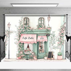 Aperturee - Aperturee Cafe Bebe French Storefront Backdrop Romantic Pink Rose Street Scene Party Banner
