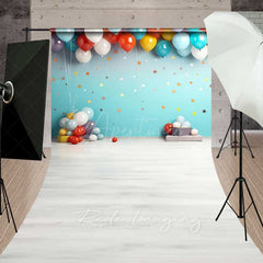 Aperturee Aperturee Cake Smash Sweep Photography Backdrop with Colorful Balloons and Stars Teal Wall with Light Wood Floor Studio Photo Prop