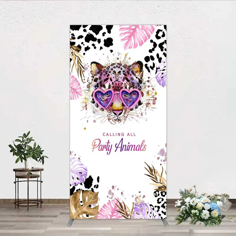 Aperturee - Aperturee Calling All Party Animals Rectangle Backdrop Wild Leopard Pink Glasses Safari Decor