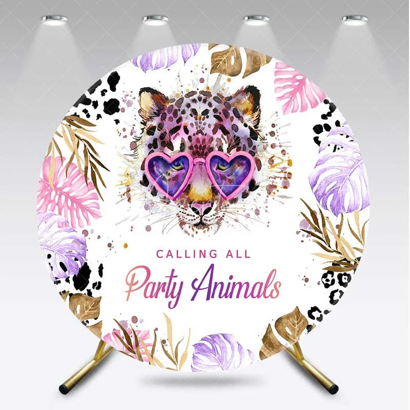 Aperturee - Aperturee Calling All Party Animals Round Backdrop Leopard with Heart Glasses and Tropical Leaves Background