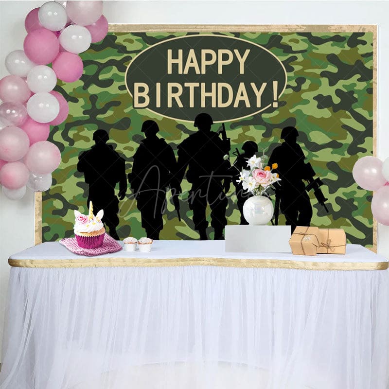 Aperturee - Aperturee Camouflage Soldier Happy Birthday Backdrop For Boy