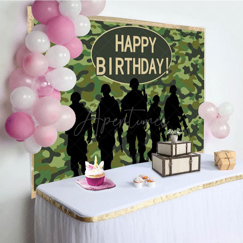 Aperturee - Aperturee Camouflage Soldier Happy Birthday Backdrop For Boy