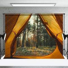 Aperturee - Aperturee Camping Tent View Forest Backdrop Sunlit Pine Trees and Wilderness Photography Background for Outdoor Adventure