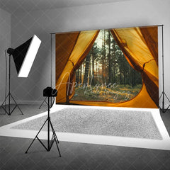 Aperturee - Aperturee Camping Tent View Forest Backdrop Sunlit Pine Trees and Wilderness Photography Background for Outdoor Adventure