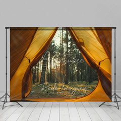 Aperturee - Aperturee Camping Tent View Forest Backdrop Sunlit Pine Trees and Wilderness Photography Background for Outdoor Adventure