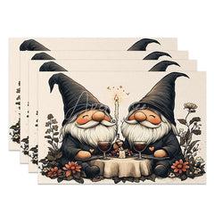 Aperturee - Aperturee Candlelight Dinner Gnome Set of 4 Placemats Romantic Valentine Table Mat Black Hat Couple Decoration