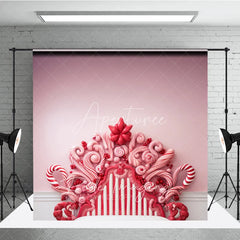 Aperturee - Aperturee Candy Cane Headboard Backdrop Pink Peppermint Background for Girl Sweet Winter Holiday Party Decoration