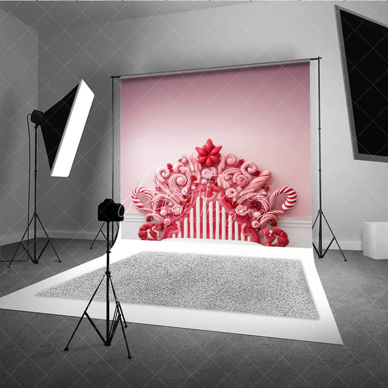 Aperturee - Aperturee Candy Cane Headboard Backdrop Pink Peppermint Background for Girl Sweet Winter Holiday Party Decoration