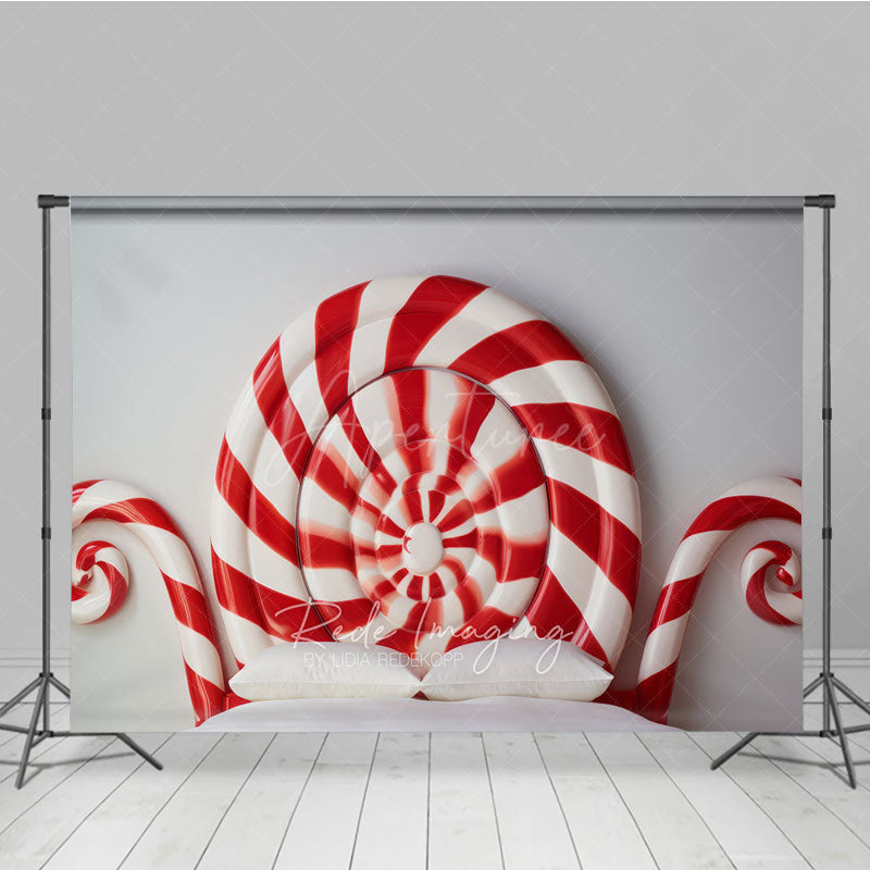 Aperturee Aperturee Candy Cane Headboard Photography Backdrop Red and White Swirl Lollipop Bed Christmas Candyland Photo Prop