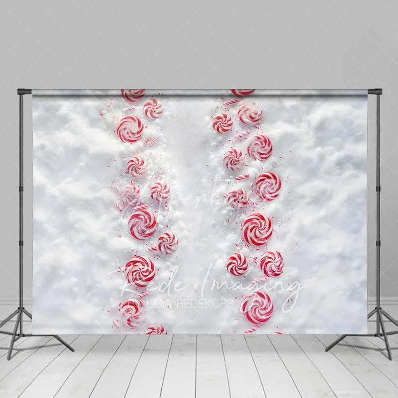 Aperturee - Aperturee Candy Cane Lane Backdrop Red White Peppermint Swirl Path Snowy Ground Top View Photo Background
