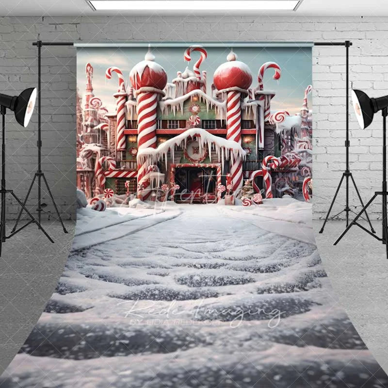 Aperturee - Aperturee Candy Castle Fantasy Sweep Backdrop Peppermint Towers Snowy Path Gingerbread Palace Photo Background