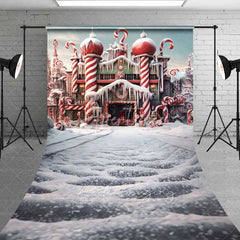 Aperturee - Aperturee Candy Castle Fantasy Sweep Backdrop Peppermint Towers Snowy Path Gingerbread Palace Photo Background
