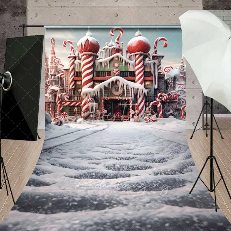 Aperturee - Aperturee Candy Castle Fantasy Sweep Backdrop Peppermint Towers Snowy Path Gingerbread Palace Photo Background