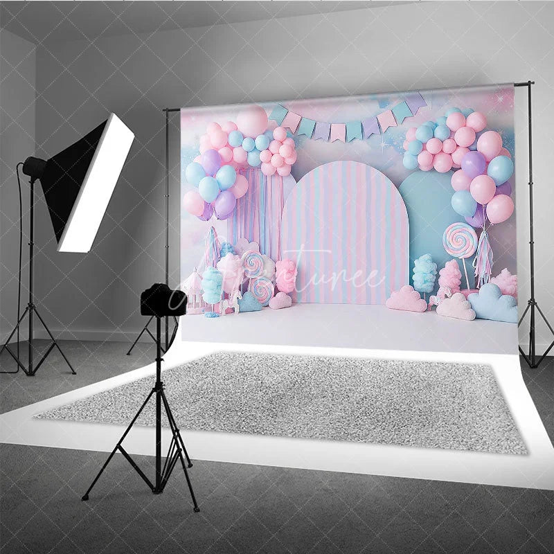 Aperturee - Aperturee Candy Land Backdrop Sweet Pink and Blue Cotton Candy Lollipops Birthday Cake Smash Background