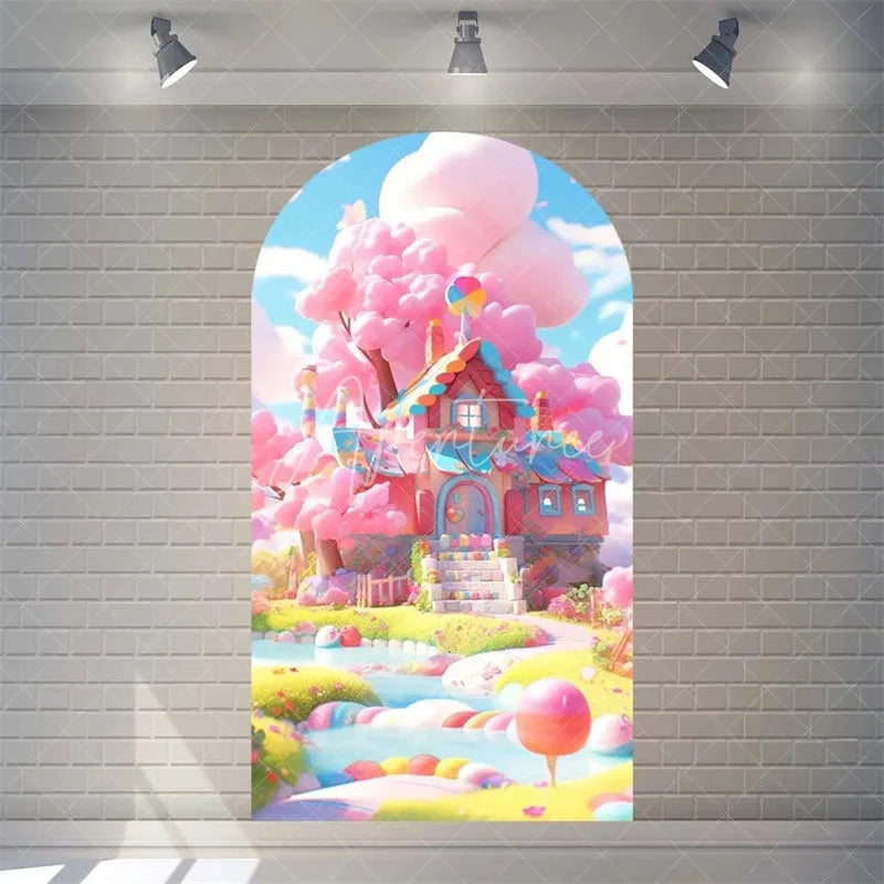 Aperturee - Aperturee Candyland House Arch Backdrop for Birthday Party Whimsical Sweet Shoppe with Rainbow Candy Castle Photo Booth